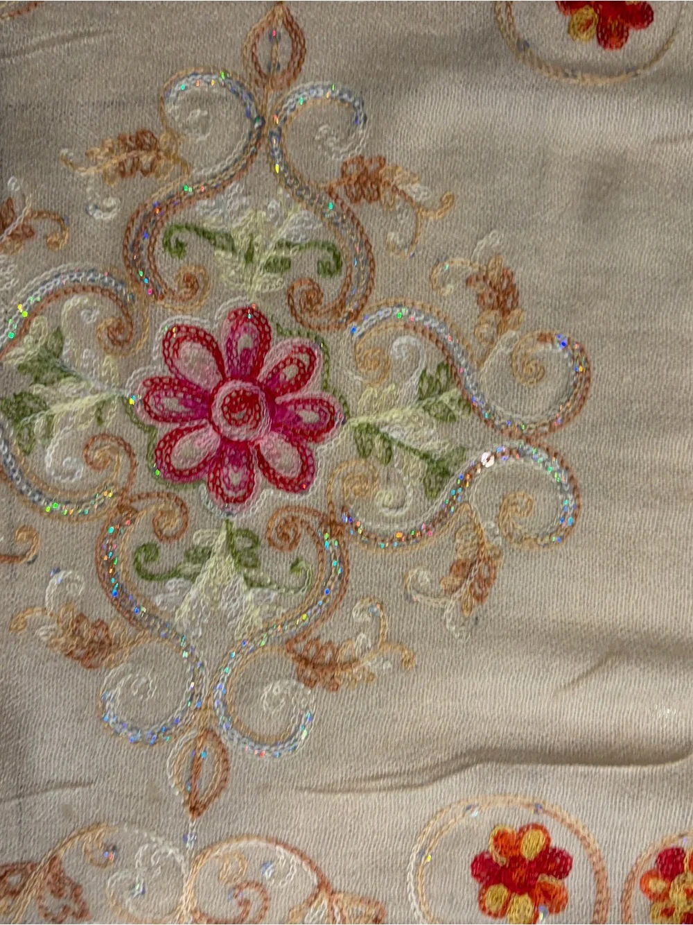 Embroidered Floral Beige shawl/scarf Accented with Pink Flowers and sequins